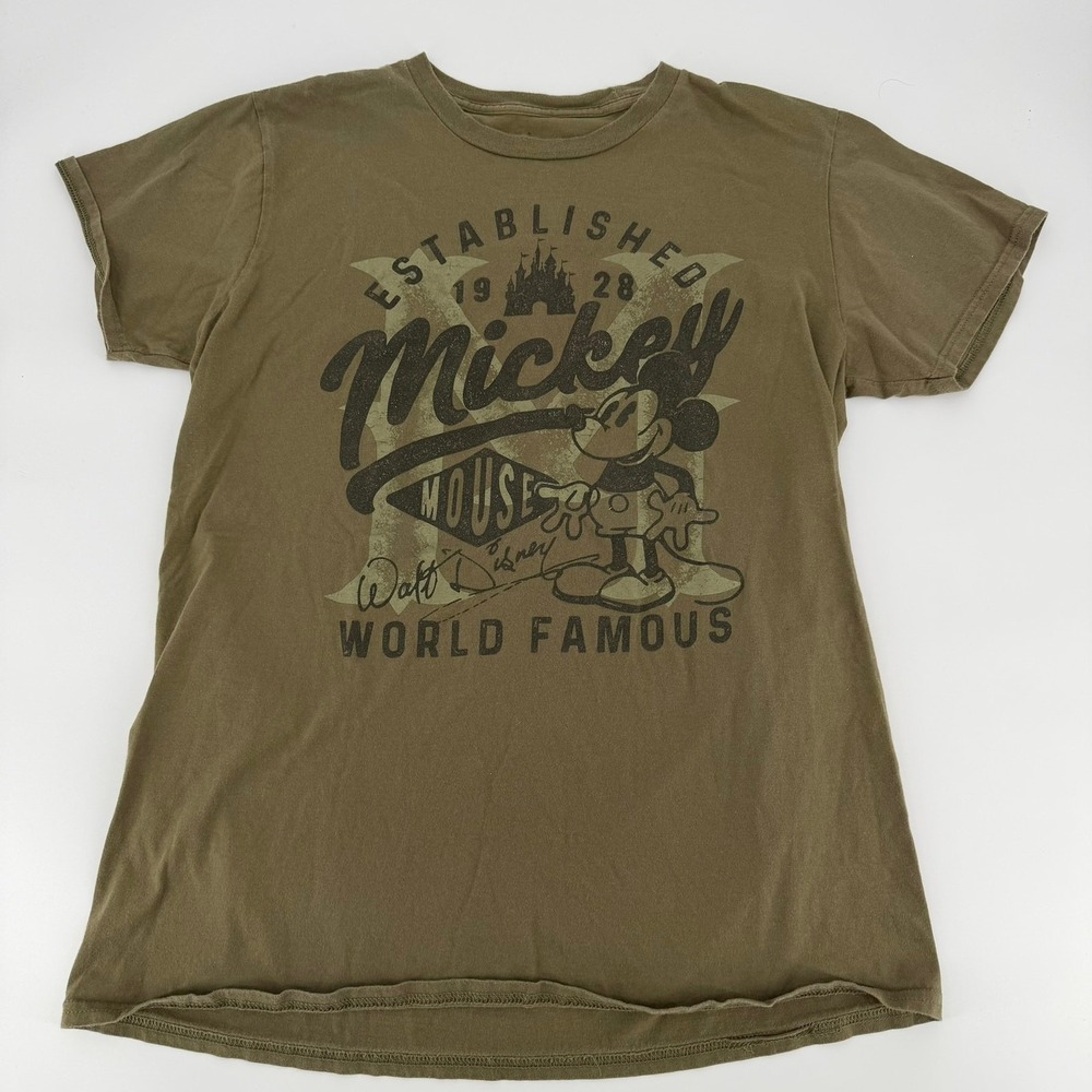 Disney Mickey Mouse Graphic Tee World Famous Modern Mens Large Olive Green Shirt
